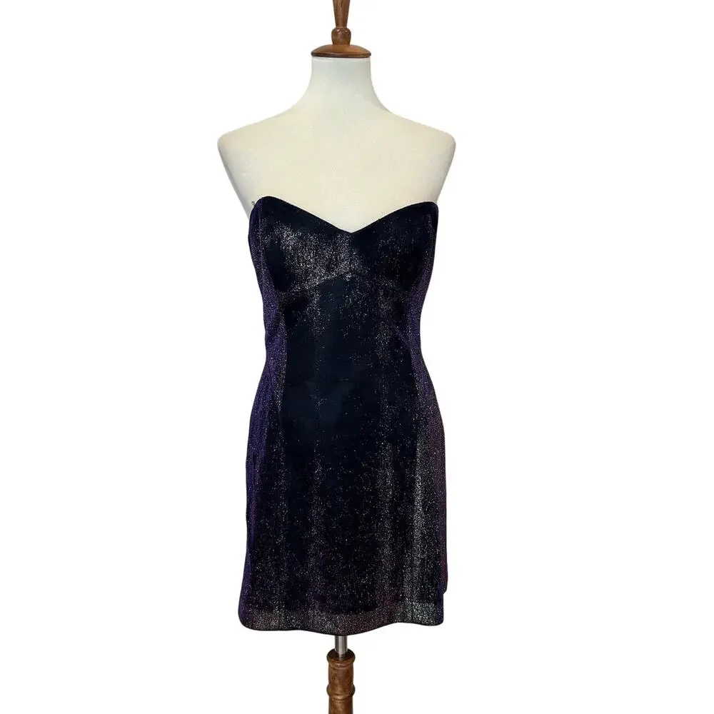 Nicole Miller Iridescent Bustier Mini Dress Blue MEDIUM Strapless Designer $355 - Picture 3 of 7